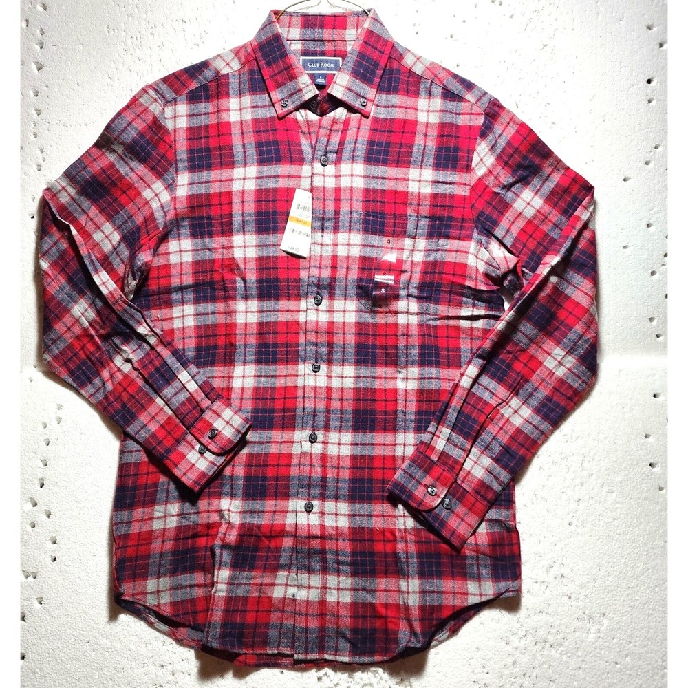 Club Room Shirt Mens Small Red Plaid Flannel Button Down Long Sleeve Casual NWT